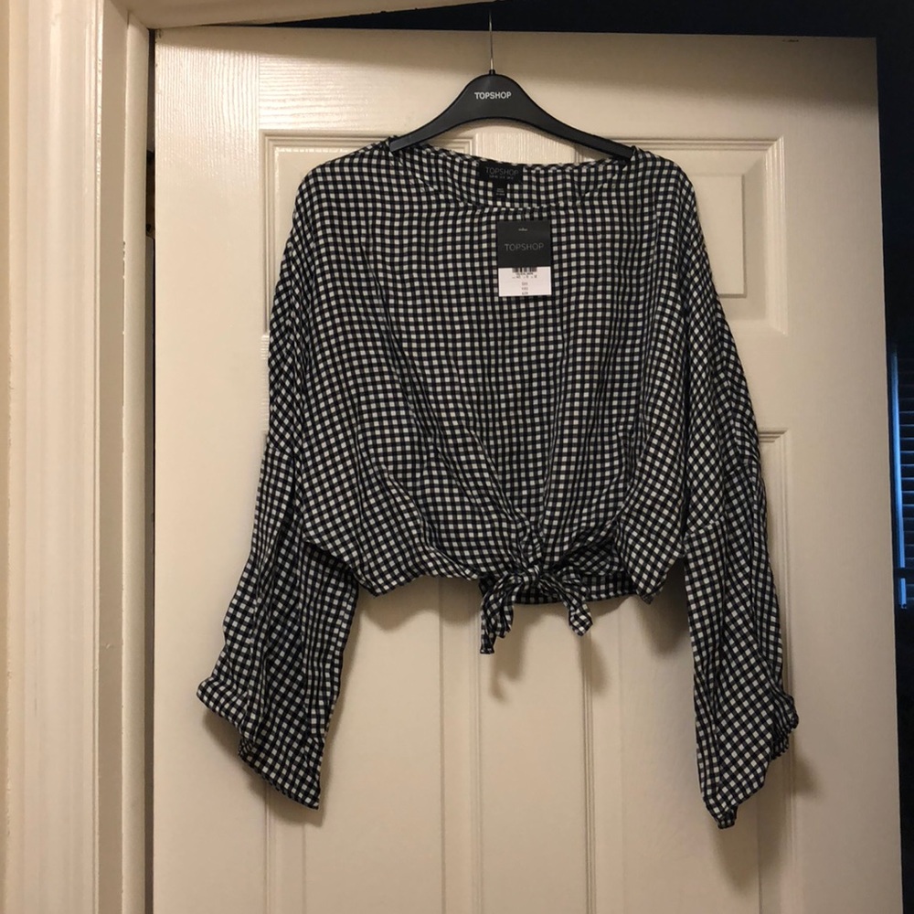 Topshop Gingham Tie-Front Shirt w/ Bell Sleeves